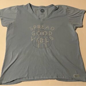 Life Is Good Light Blue V-Neck Tee with Guitar 'Spread Good Vibes' Graphic